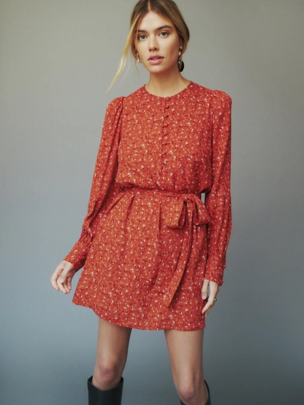 Reformation Carinna Balsam Rust Floral Long Sleeve Dress